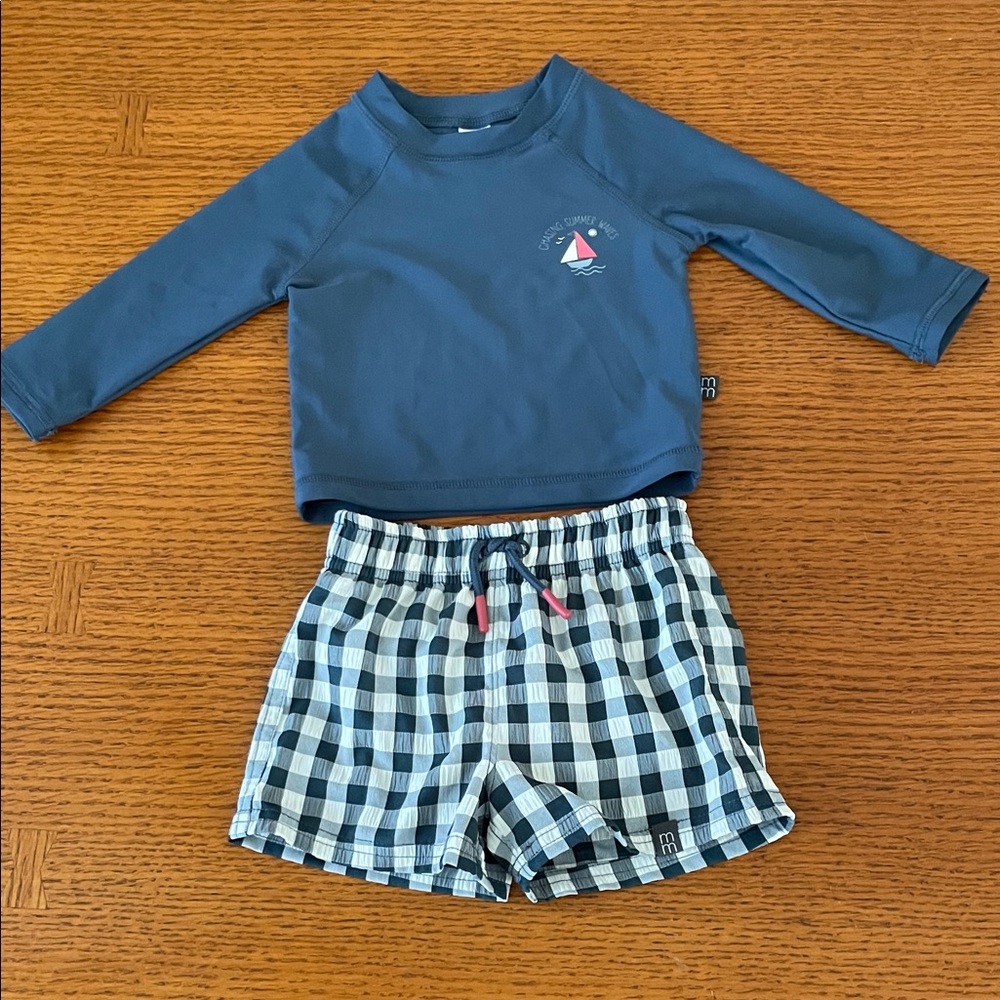 Boys 6-9M Blue Long Sleeve Top and Checkered Shorts Swimsuit set